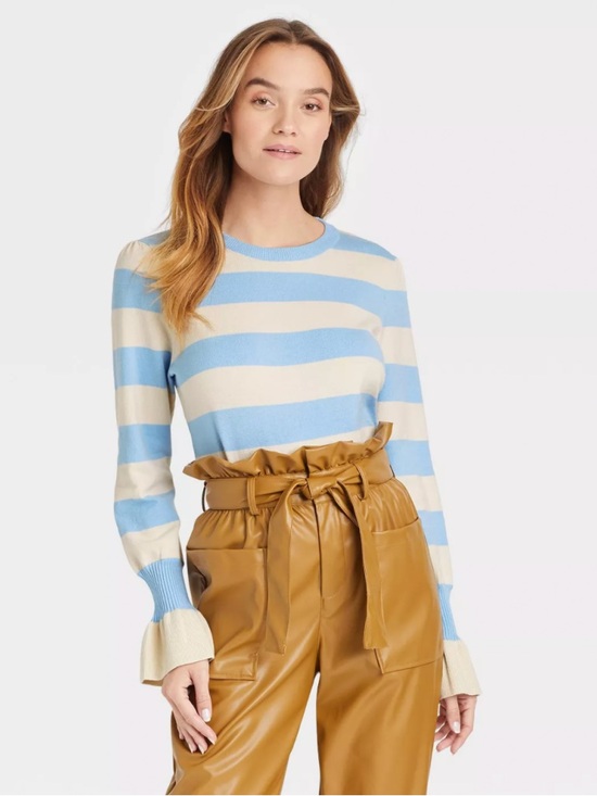 Who What Wear Tops - Who What Wear Women’s Blue and Cream Striped Bell Sleeve Pullover Sweater